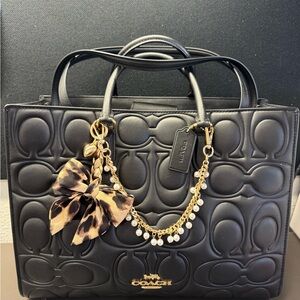 Coach Maggie Black Quilted largeTote with Gold Pearl Chain and Leopard Bow Charm